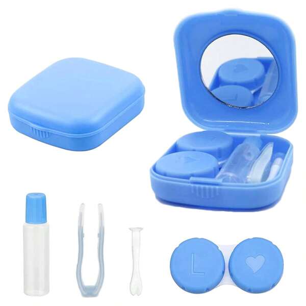 1 pieza Estuche de lentes de contacto con espejo, set de viaje con pinzas de succión para lentes de contacto, color azul