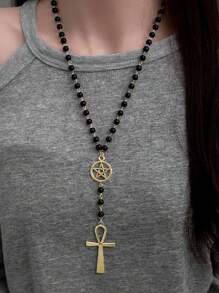 1 pièce Collier pendentif avec croix et étoile ajourée, en matériau métallique résine multicolore, style gothique convenant aux hommes et aux femmes, pour les fêtes et l'usage quotidien