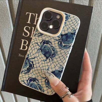1pc TPU Material Blue & White Fishnet Crab Watercolor Pattern Phone Case Compatible With Iphone/ Phones