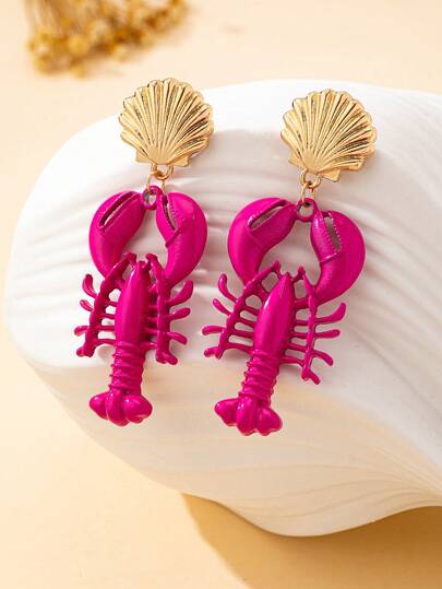 1 Pair Women's Earrings, Creative Exaggerated Lobster & Shell Design Earrings, Suitable For Party, Vacation Wear Or Gift