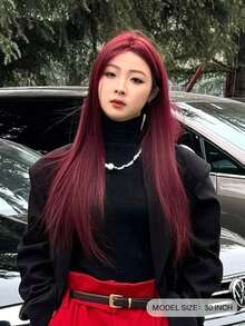 SHUDUO 额头形状蕾丝 4*1，额头蕾丝长直假发，中心分裂红色假发，半编织日常自然，时尚逼真假发（不含配件）