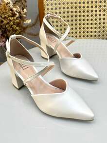 NEW! Pumps With Block Heel, Cross Straps, Pointed Toe, Elegant, Comfortable, Napa - Champagne - View 2