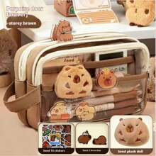 Capibara-Themed Pen Bag. It Has A Large Capacity And Is Transparent With A Handle. In The Maillard Color Scheme, It's A Multifunctional Stationery Box Suitable For Primary And Junior High School Students.,For School Supplies,Back To School