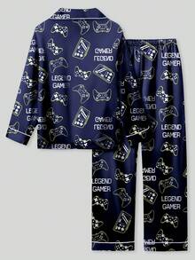 2 件套青少年男孩电子游戏印花中式立领长袖纽扣上衣和裤子休闲睡衣套装 - 彩色 - 查看 2