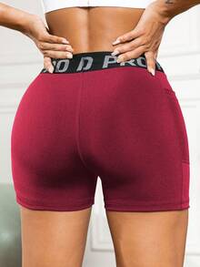 High Waist Women's Yoga Shorts With Tummy Control - Letter Graphic Butt Lifting Gym Activewear With Mesh Pocket - Burgundy - View 2