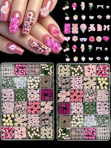 1Box Cartoon Mix Resin Faux Chocolate, Bread, Cookie, Donut, Duck, Orange, Lollipop, Strawberry, Daisy, Heart Nail Art Decor DIY Box Set - 彩色 - 查看 2