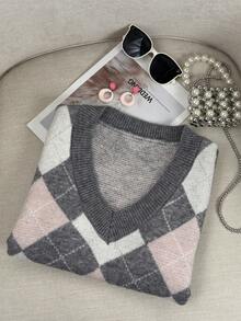 新款 V 领学院风多层针织背心，宽松毛衣背心，菱形图案休闲马甲