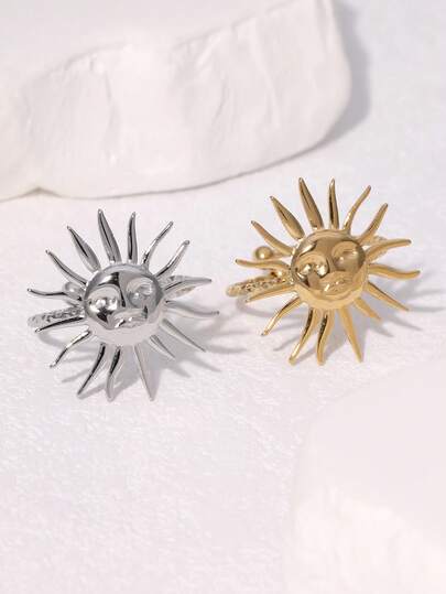 1 件独特创意不锈钢太阳形开口戒指，适合女性日常、派对和约会佩戴