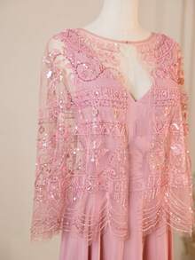 Glamorous Heavily Embroidered Floral V-Neck Sleeveless Dress With Shawl - Pink - View 5