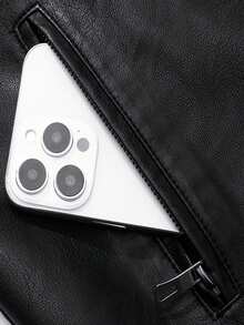 加大码男士长袖前拉链口袋夹克，皮夹克，秋冬装，保暖内衬厚夹克，男士皮革冬季大衣，大码和高码 - 黑色 - 查看 5