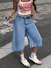 女士刺绣蝴蝶结后袋宽松七分牛仔裤 - 中等水洗藍 - 查看 3