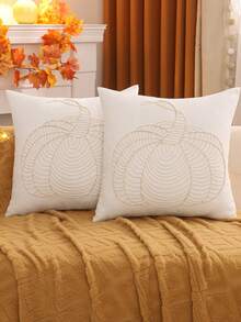 Federa decorativa per cuscino da lancio per il Ringraziamento, tela con ricamo di zucca e corda, adatta per soggiorno, camera da letto, Ognissanti, autunno, colore crema - Beige - Visualizzare 12