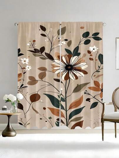 2 Stück minimalistische halbtransparente Vorhänge, 2D digital bedruckter Blattmuster Vorhang, maschinenwaschbar Polyester mit Schlaufenband, geeignet für Wohnzimmer, Schlafzimmer, Arbeitszimmer, ganzjährige Heimdekoration