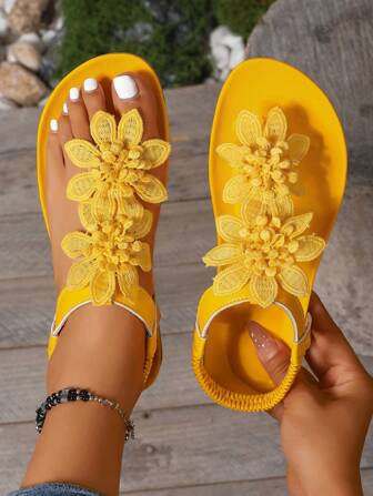 Plus Size Women's Elegant Sandals, Yellow Floral Decor, Fairy Tale Style For Summer, Open Toe Design, Fabric Upper And Lining, Non-Slip Outsole, Microfiber Insole