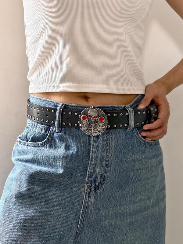 1 pièce Ceinture de taille à rivets crâne rouge punk, ceinture  style Y2K sexy, convient pour les jeans, les robes, les t-shirts, les tenues décontractées, les fêtes, Halloween