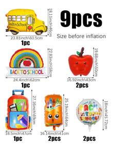 9 件开学季铝箔气球套装，包含背包、校车、铅笔盒、红苹果铝箔气球，适合返校、开学第一天、欢迎老师、教室派对装饰 - 查看 2