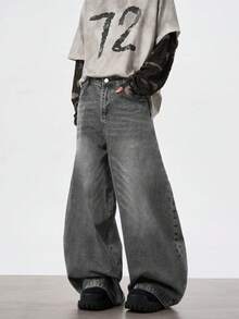 1 pieza Pantalones vaqueros de hombre de pierna ancha, estilo retro, lavados, de corte holgado y casual