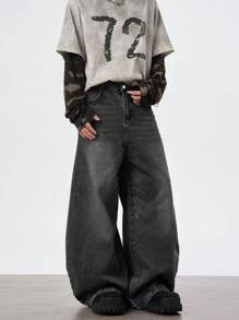 1 件休闲高街宽松做旧阔腿男式牛仔裤，emo 风格，垃圾摇滚