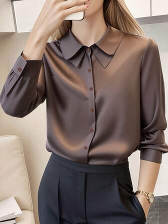HOMEYEE เสื้อเชิ้ตทางการสีกาแฟสำหรับสุภาพสตรี แขนยาว กระดุมคอคู่ ผ้าเรียบ สไตล์ธุรกิจ