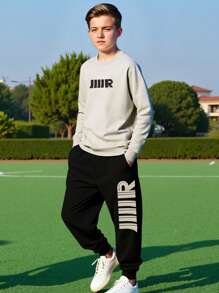 2pcs/Set Older Boys' Casual Sweatshirt And Pants Sports Suit, Minimalist Style, Spring/Autumn