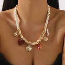 Mydear 1 chiếc vòng cổ mặt hình vỏ sò nhiều yếu tố phong cách đại dương, cá ngựa, cua, hoa trái tim, mặt dây chuyền mặt trời, thích hợp cho phụ nữ đeo hàng ngày, đi biển, đi nghỉ - Đa phần tử - Xem 1