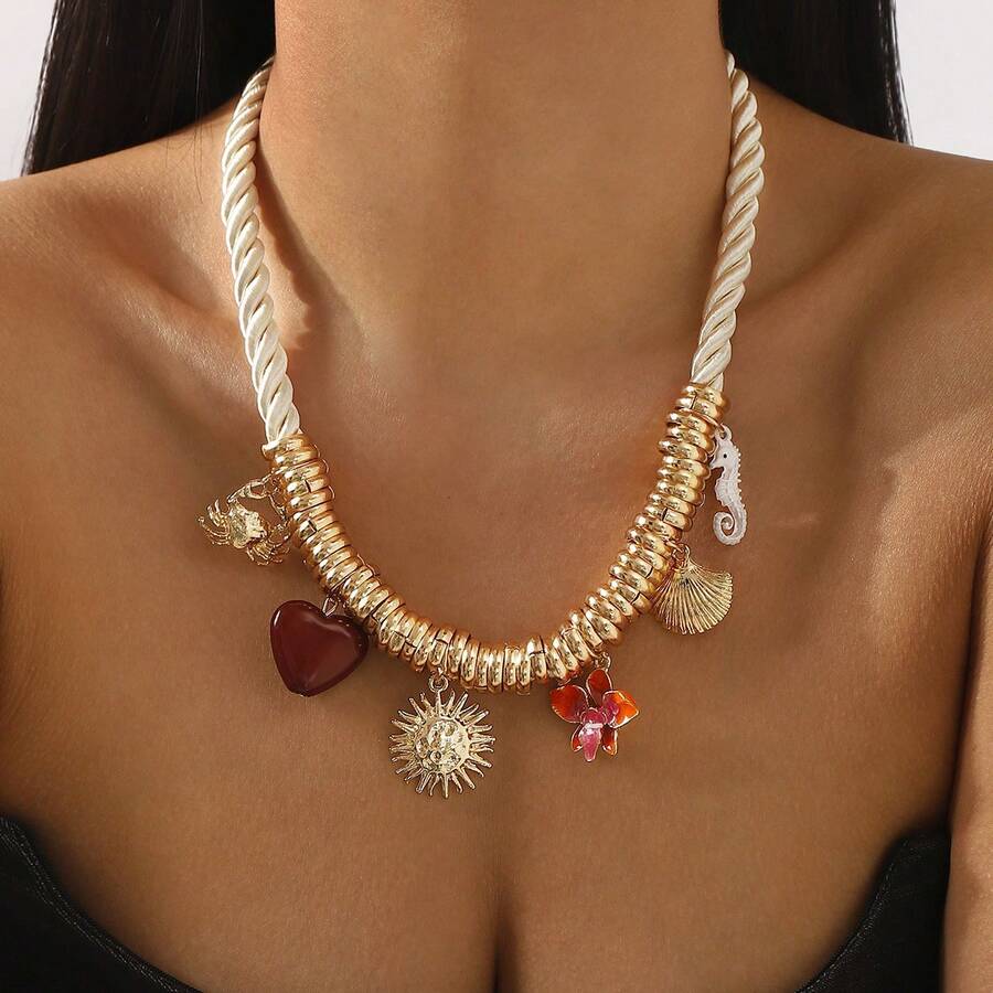 Mydear 1 chiếc vòng cổ mặt hình vỏ sò nhiều yếu tố phong cách đại dương, cá ngựa, cua, hoa trái tim, mặt dây chuyền mặt trời, thích hợp cho phụ nữ đeo hàng ngày, đi biển, đi nghỉ - Đa phần tử - Xem 1