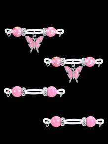 2 Pairs Fake Nipple Rings - Adjustable Fit Daily Wear Nipple Nooses - 8mm Candy Beads, Fake Nipple Jewelry Faux Nipple Piercing Non Pierce Faux Barbells Dangles With Heart, Shell, Butterfly, Fake Nipple Piercings, Valentine For Lovers, Colorful, Perfect For Beach