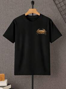 Crab Smoking Graphic Tee  , Men's Double-Sided Printed Fashionable Casual Crew Neck 220gsm Pure Cotton T-Shirt(1 PC) - Black - View 2