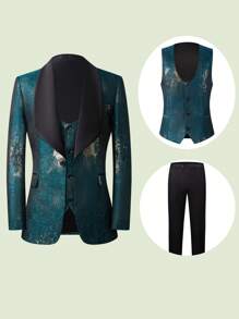 Men's  Gradient Graffiti 3-Piece Suit Set - Blazer, Vest & Stretch Waist Black Pants Edgy & Stylish