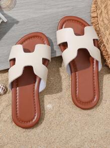 1 Pair Beige Round Toe Lightweight Luxury Open Toe Slippers, Casual Minimalist Fashion, Flat Beach Sandals Suitable For Indoor And Outdoor, Daily, Vacation And Travel