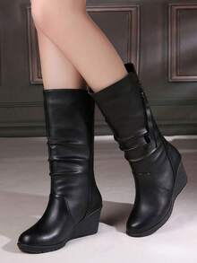 Damen Plateau Keilabsatz Stiefel bis zur Wade, neue Herbst/Winter schwarze Schlüpf-Stiefeletten & Knöchel-Stiefel, vielseitige plissierte Stiefel, Stiefel mit hohem Absatz, Reißverschluss-Dekor Kniehohe Stiefel - Schwarz - Übersicht 3