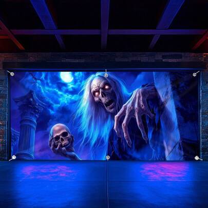 1 Stück gespenstisches Geist Schädel-Halloween Garagentor Banner, große Größe Stoff Wanddekoration, geeignet für Partydekorationen, Halloween Dekoration, Outdoor-Veranstaltungen, ohne Strombedarf, Polyesterfaser Partydekorationen