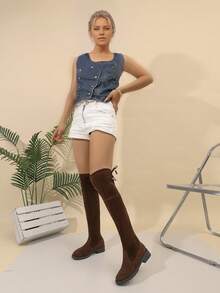 Breezelady New Chunky Heel Pointed ToeVersatile Over The Knee Boots, BrownThigh High Boots, Flat Platform BootsFor Women ,Match With SweaterDress - màu nâu - Xem 3
