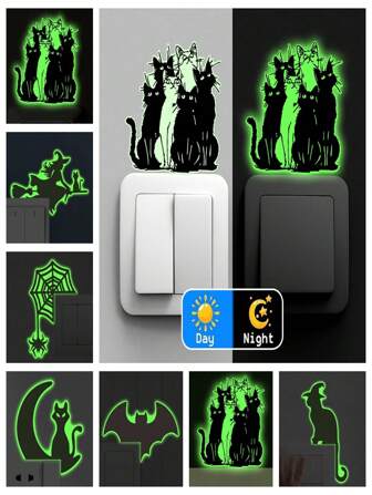Halloween-väggdekaler som lyser i mörkret, kreativa självhäftande väggdekaler för sovrumsströmbrytare, väggdekaler med Halloween-atmosfär
