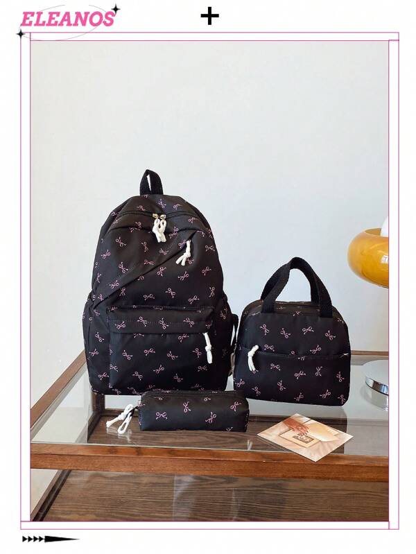 3pcs Solid Color Versatile Large Capacity Backpack Set With Bow Design, Suitable For Daily Commute And Work