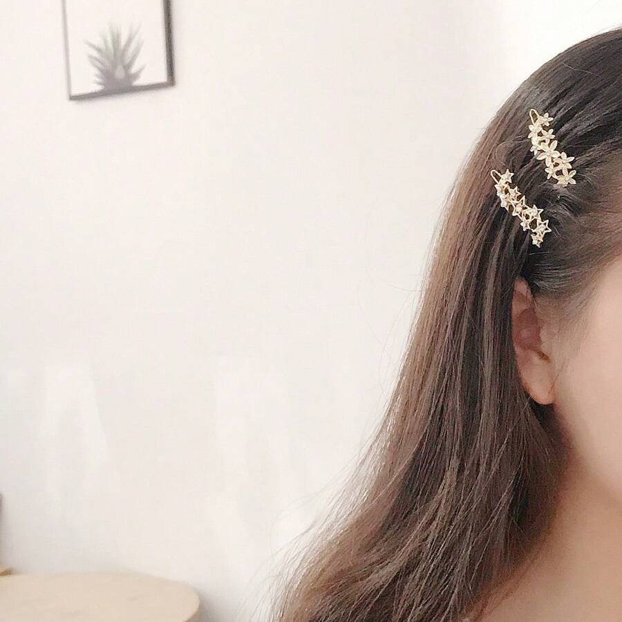 2 件金属花朵和星星夹简约可爱日式风格发饰