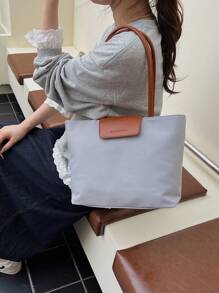 新款女士大容量尼龙休闲纯色手提包、单肩包、饺子包、托特包 - 灰色 - 查看 6