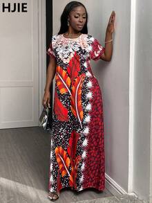 Váy Maxi Cổ Tròn Cho Nữ Với Họa Tiết Hoa Và Lông Vũ Phong Cách Châu Phi, Đường Viền Cổ Áo Có Họa Tiết Ren Tinh Tế, Và Màu Sắc Bắt Mắt, Trang Phục Tốt Nghiệp - Đỏ - Xem 5