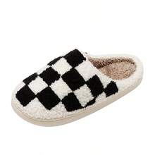 Women Fashion Winter Slippers Indoor Checker Fuzzy Embroidery Warm Comfortable Couple Home Shoes - 黑色 - 查看 5