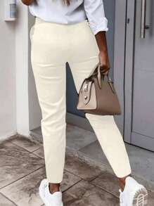 女式长裤，纯色弹力 9 英寸裤，带口袋，拉链和纽扣开合，休闲商务风格长裤。 - 白色 - 查看 2