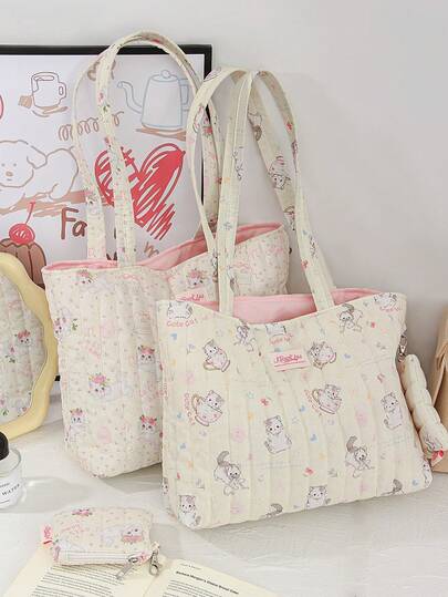 1 件可爱猫咪蝴蝶结设计单肩包带零钱包吊坠绗缝条纹托特包单肩包花卉托特包短途旅行单肩包旅行购物袋带可拆卸零钱包适合少女女士大学生非常适合大学、户外、旅行、郊游，女士可爱蝴蝶结包