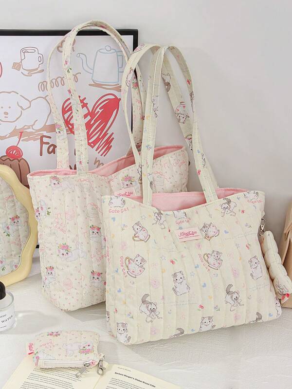 1Pc Cute Cat&Bow Design Shoulder Bag With Coin Purse Pendant Quilted Stripe Tote Shoulder Bag Floral Tote Bag Short Trip Shoulder Bag Travel Shopping Bag With Detachable Coin Purse For Teen Girls Women College Students Perfect For College, Outdoors, Travel, Outings, Cute Bow Bag For Women