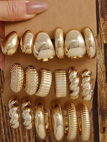 1-9 对几何纹理泪珠金色时尚波西米亚风格扭曲 C 形耳环套装，适合作为节日礼物送给家人和朋友