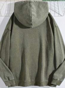 Men's Vintage Washed Cotton Sweatshirt Mans Clothing For Winter Spring Gift For Husband With Front Pocket NON PRINTED Hoodies, Solid Color Long Sleeves - 軍綠色 - 查看 3