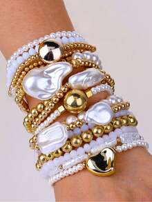 15Pcs Boho Fashionable Stackable Imitation Pearl Irregular Beaded Bracelet Set For Women On Vacation & Daily Wear ﻿ - White Gold - View 6