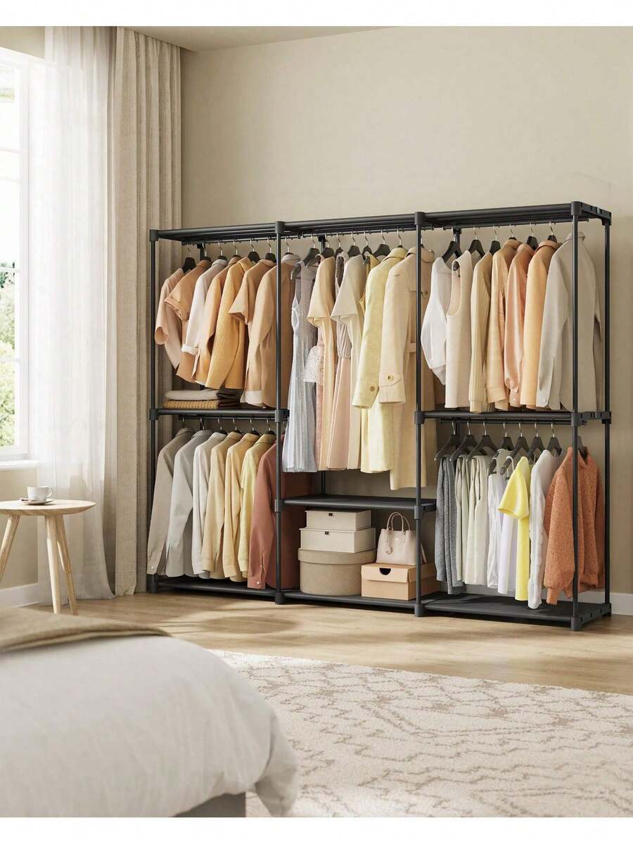 Clothes Wardrobe, Portable Closet, Open Storage Wardrobe, Clothes Garment Rack, 205 X 43 X 166 Cm, 5 Hanging Rods And Shelves, For Bedroom, Living Room, Laundry Room, Ink Black - 黑色 - 查看 1