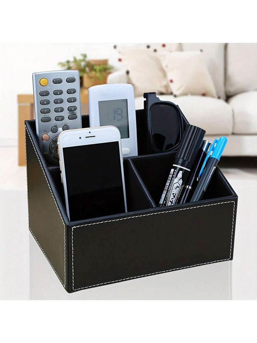 3-Compartment TV Remote Control Organizer/Storage Holder, PU Leather Remote Control Stand Bedside Table Top, Storage Box, Phone And Media Accessories Organizer, Desk Organizer Box (Black) - Black - View 1