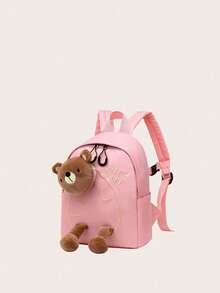 1 件儿童卡通熊尼龙拉链可爱轻便背包，适合幼儿园日常使用 - 粉色 - 查看 1