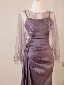 全新浪漫紫色蕾丝披肩搭配优雅细肩带连衣裙，带披肩的礼品套装 - 淡紫色 - 查看 5