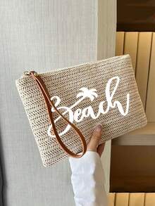 1PC Letter Print Straw Woven Casual Clutch Bag, Braided Single Small Wallet, Vintage Straw Woven Handbags, Boho Style Summer Beach Bag, Minimalist Straw Bag, Women's Braided Tote Bag For Travel Picnic, Perfect For Summer Beach Travel Vacation, For Outdoor, Holiday, Women's Zipper Handbags For College, Middle School, High School, Back To School, Travel, Outdoors For Teen Girls, For School Student, For Teenagers Vintage Soft - Khaki - View 9